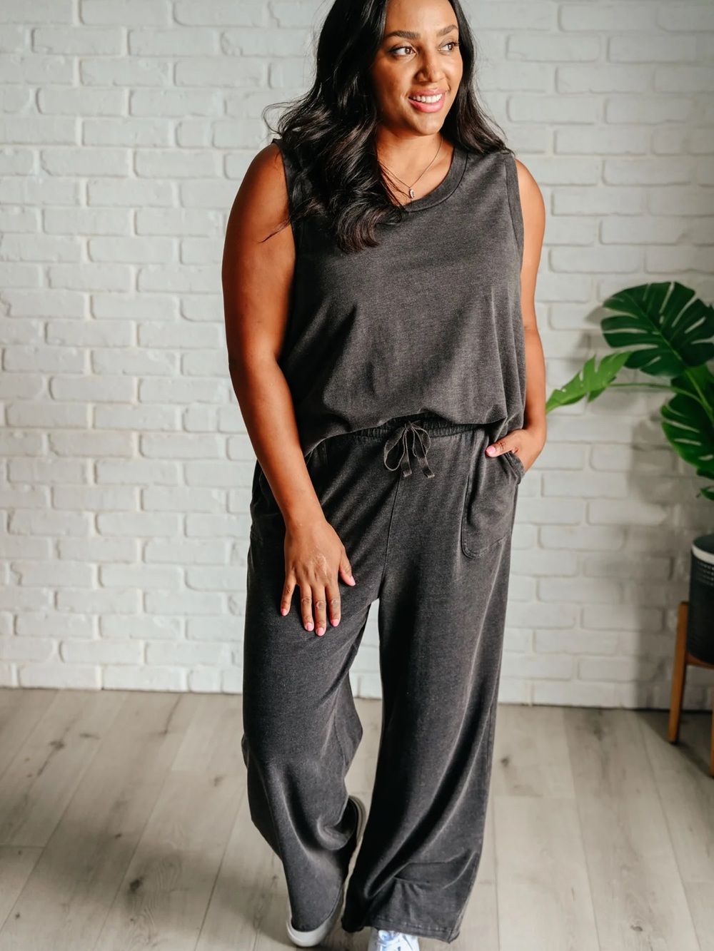 Washed Charcoal Wide-Leg Lounge Pants & Tank Set